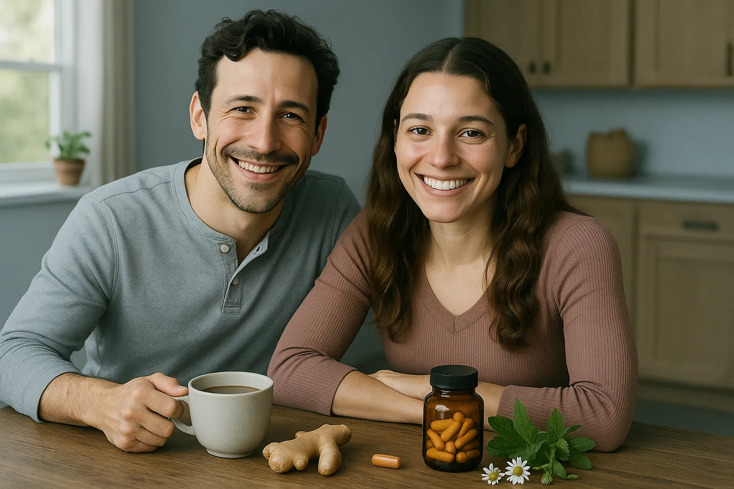 Pareja sonriente tomando suplementos naturales para mejorar la digestión con jengibre y plantas medicinales.