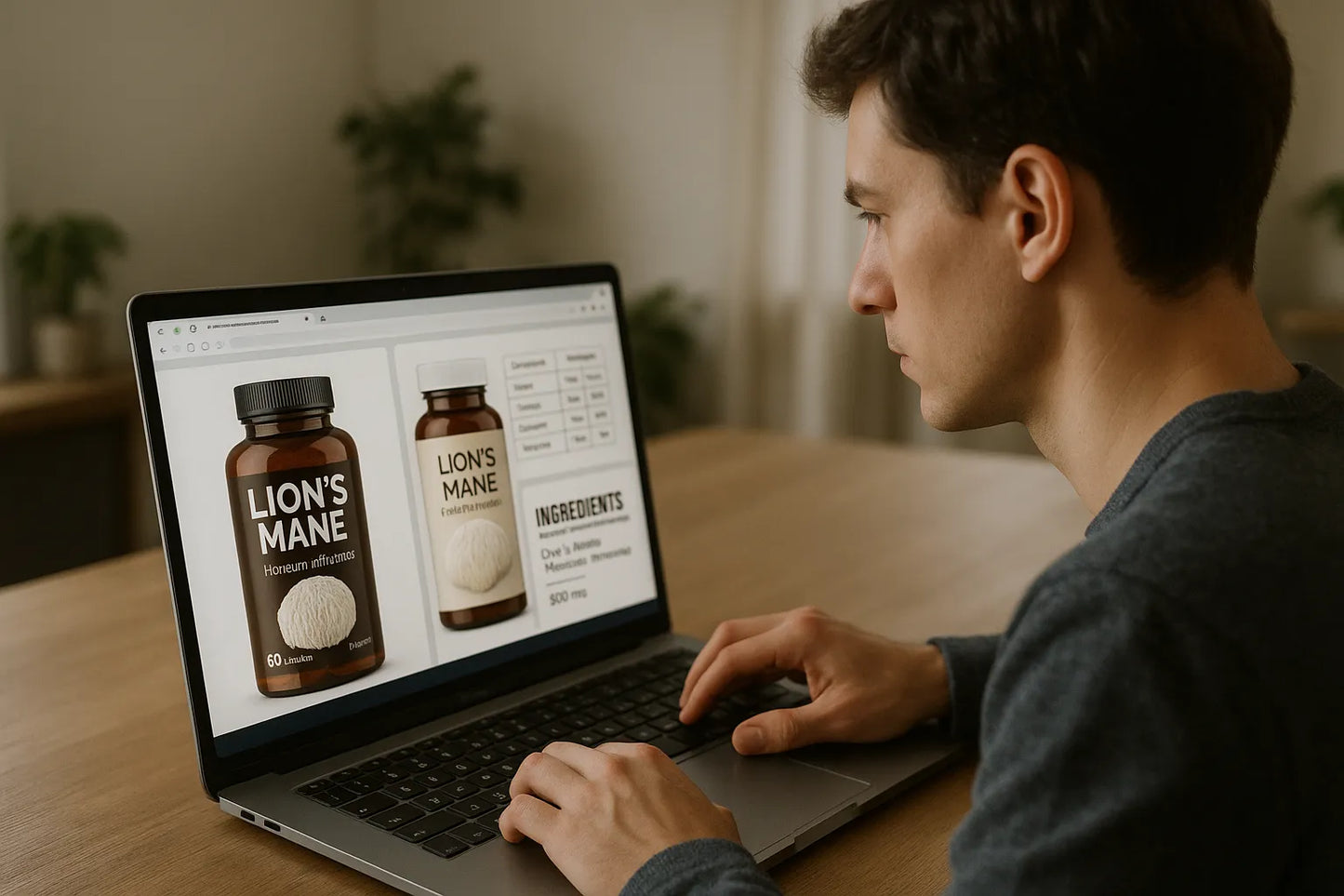 Hombre mirando un ordenador mientras compra capsulas de melena de leon