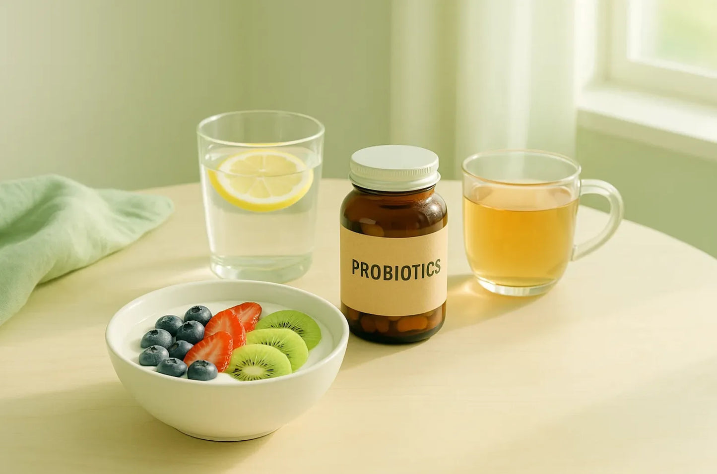 Imagen que muestra un desayuno y un bote con probióticos