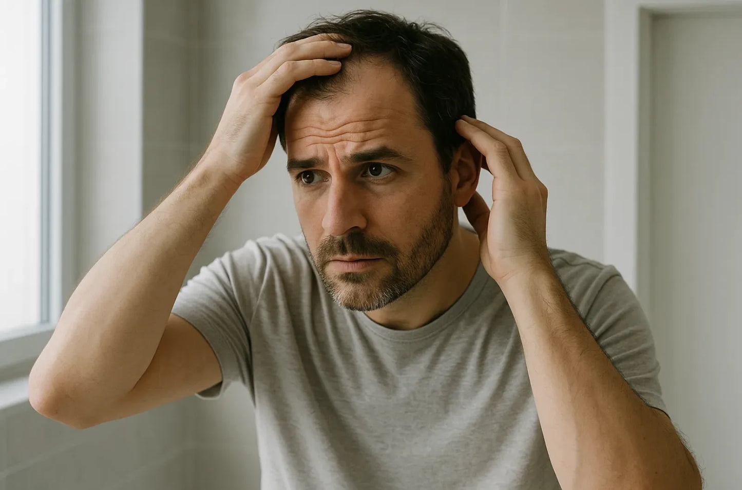 Hombre preocupado por caída de pelo