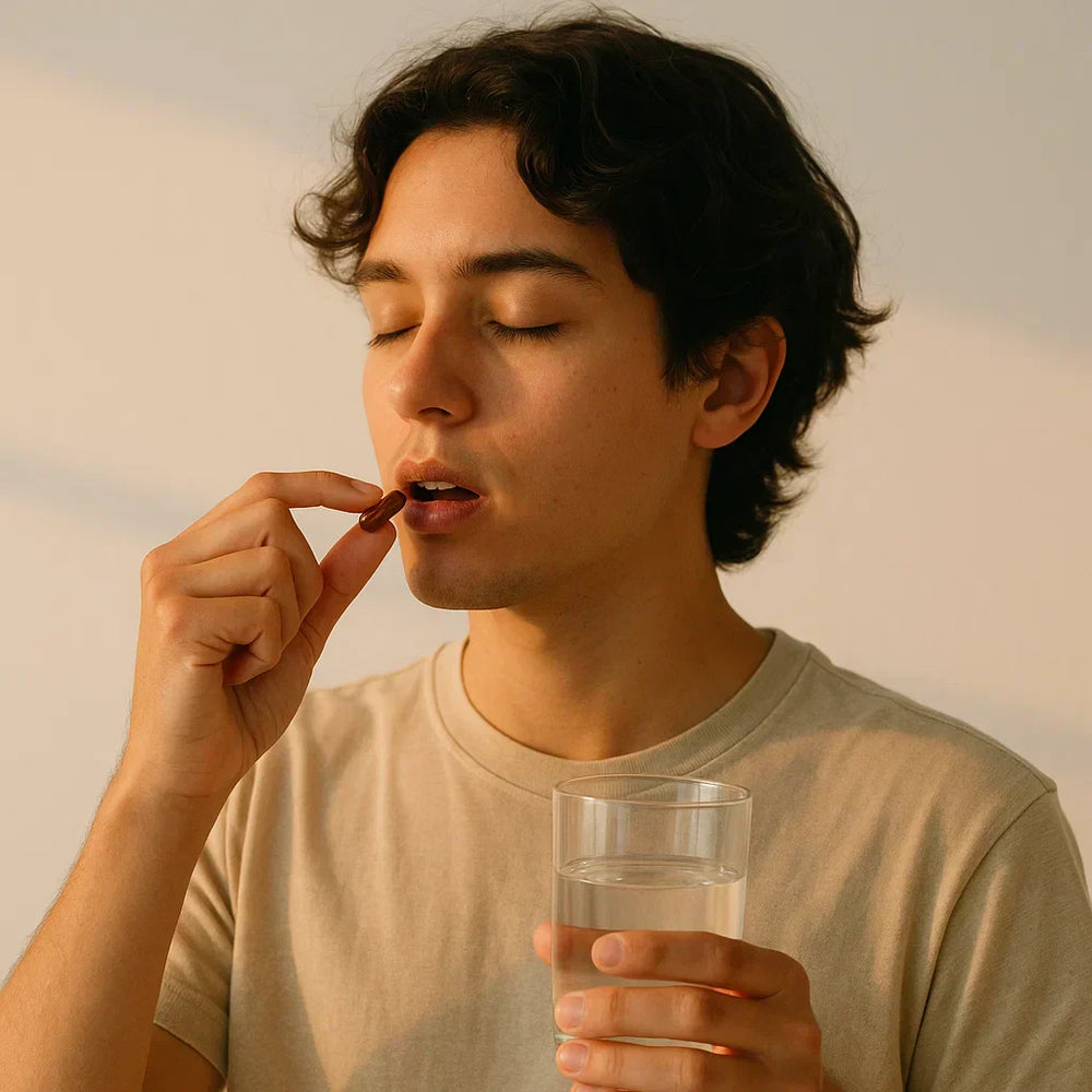 Hombre tomando cápsulas del hongo orgánico reishi 