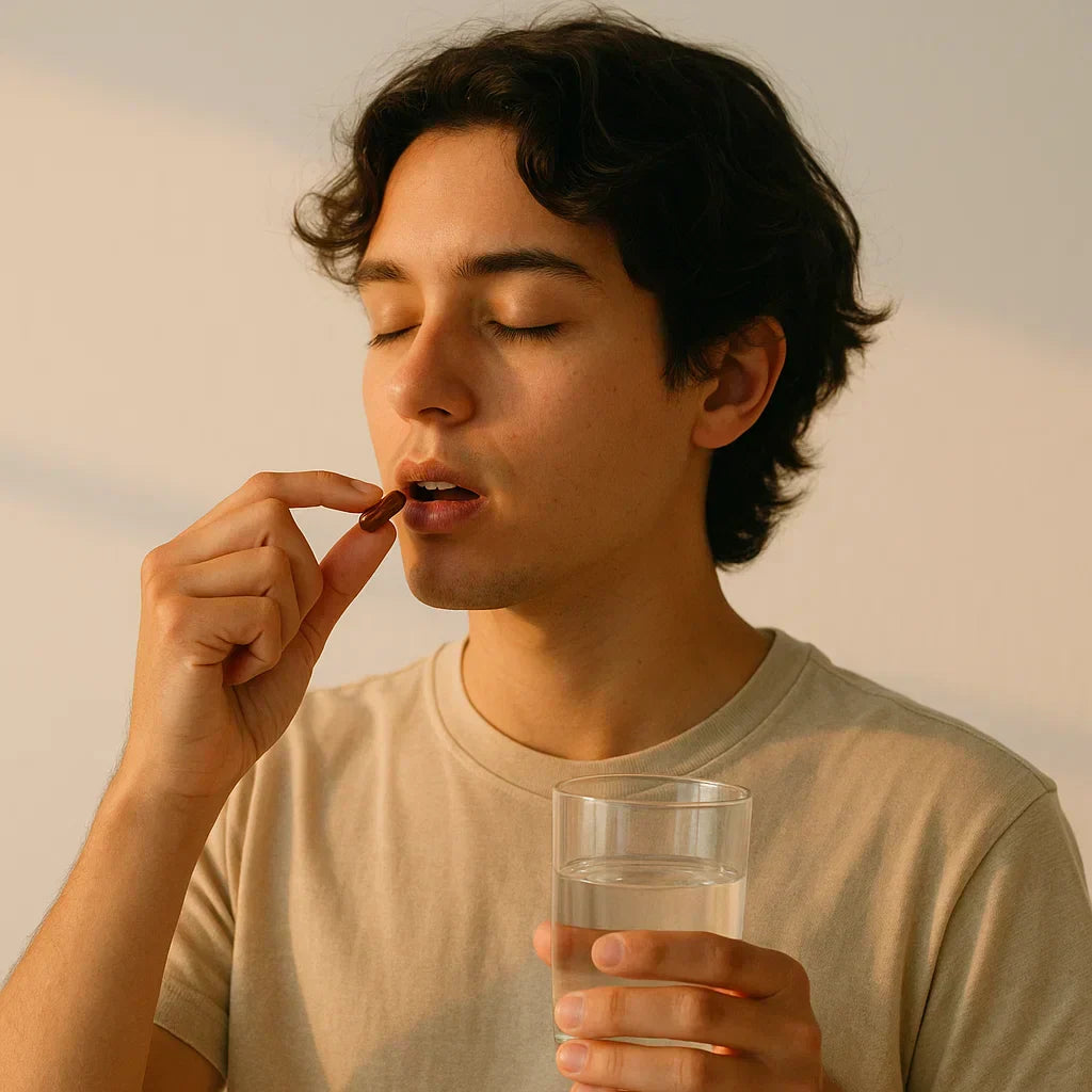 Hombre tomando cápsulas del hongo orgánico reishi 
