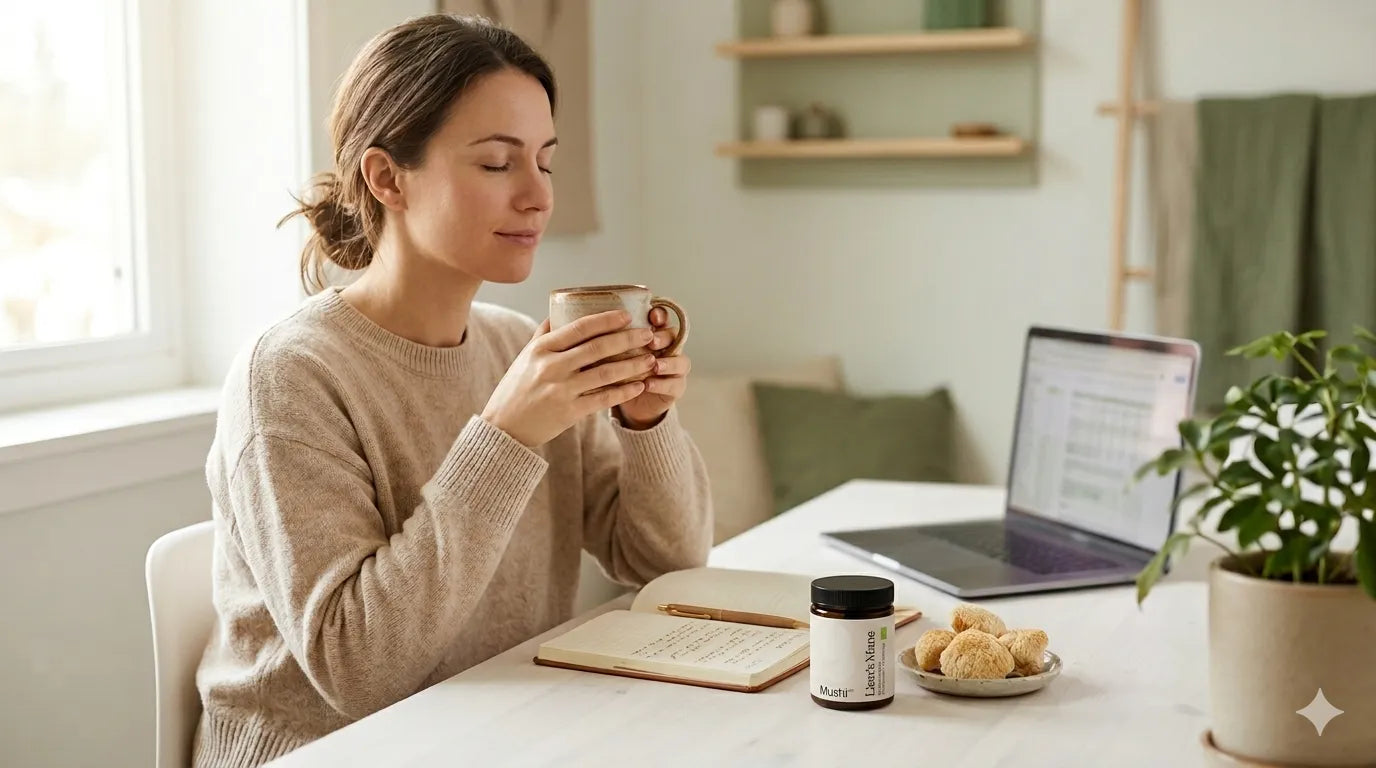 Mujer joven sonriendo pacíficamente con taza de café alternativo Mushilab en escritorio con hongo Melena de Leon.